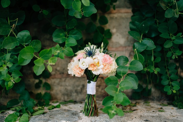 Bouquet da sposa di peonie bianche e rosa eryngium e boccioli verdi con nastri bianchi in basso sul