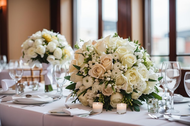 Bouquet da sposa sul tavolo x decorazioni per la tavola di nozze nel ristorante x9