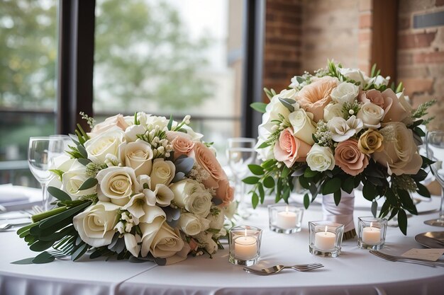 Bouquet da sposa sul tavolo x decorazioni per la tavola di nozze nel ristorante x9