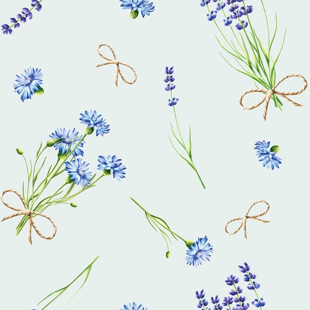 Bouquet di acquerelli di fiori di mais blu e illustrazione di lavanda isolata sullo sfondo De