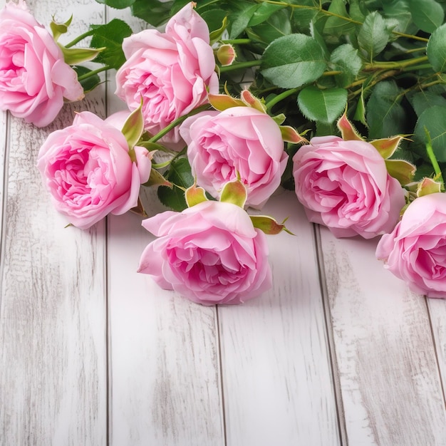 Bouquet di belle rose rosa su uno sfondo bianco di legno generat ai