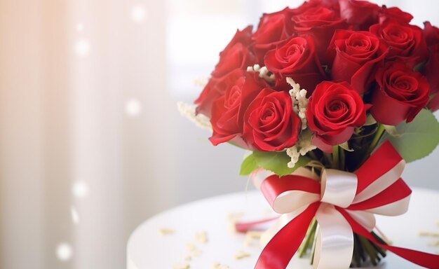 Bouquet di bellissime rose rosse su tavolo di legno closeup