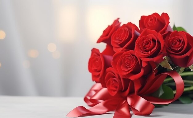 Bouquet di bellissime rose rosse su tavolo di legno closeup
