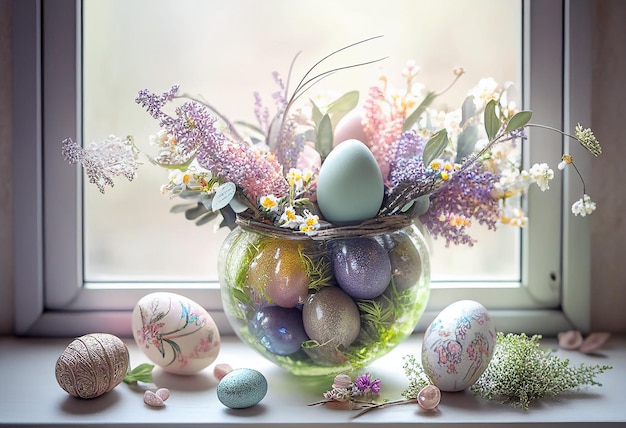 bouquet di bellissimi fiori e uova di Pasqua sulla finestra Messa in tavola della primavera dei giorni festivi Biglietto di Pasqua per le vacanze con tavolo decorato in stile rustico Illustrazione AI generativa