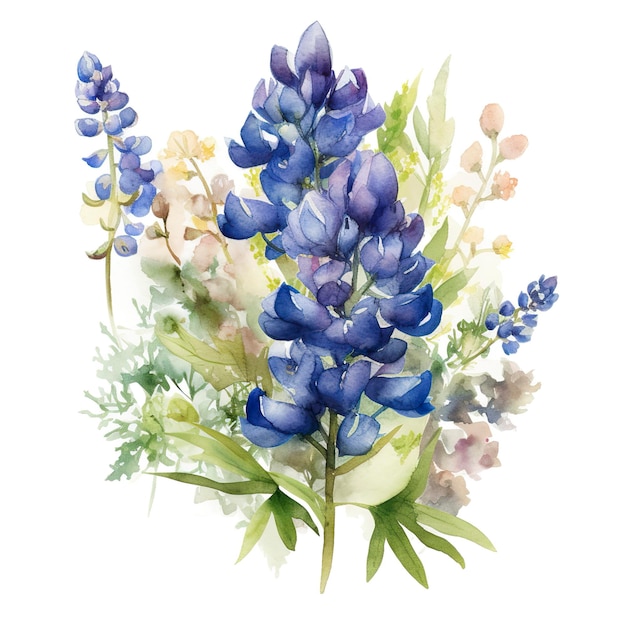 Bouquet di bluebonnets acquerello con sfondo bianco vuoto generat ai