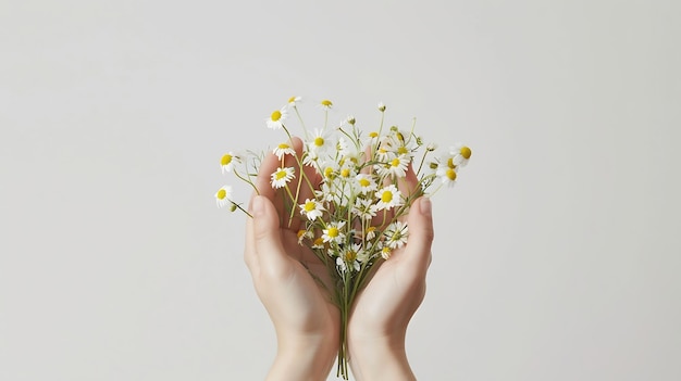 Bouquet di camomilla nelle mani delle ragazze su sfondo bianco Flat lay top view Generative AI