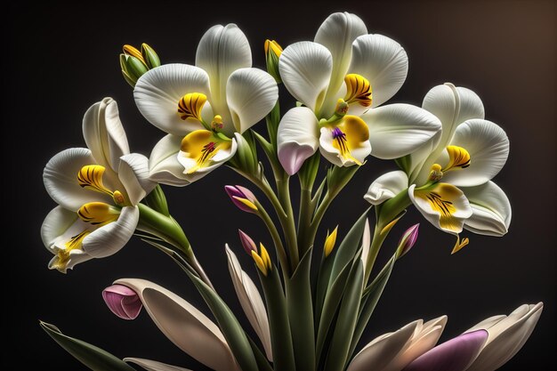 Bouquet di crocus e tulipani su uno sfondo di colore solido ai generativo