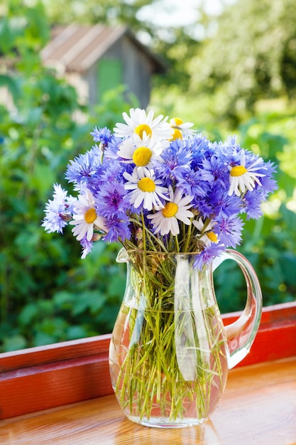 Bouquet di fiordalisi blu e margherite in brocca