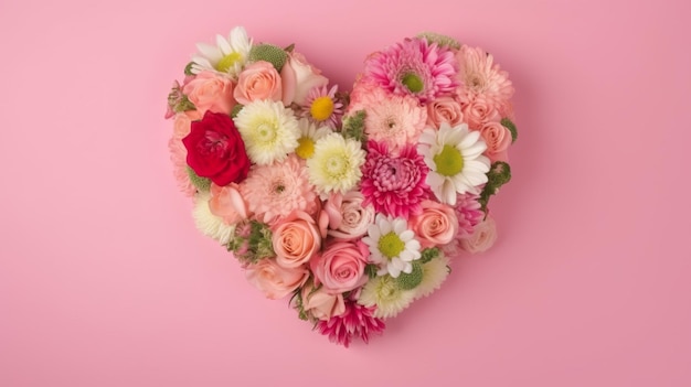 Bouquet di fiori a forma di cuore su sfondo rosa