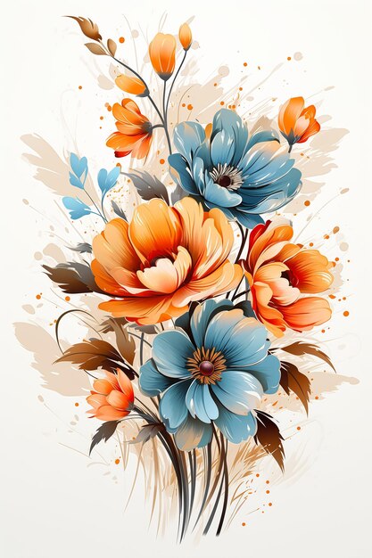 bouquet di fiori arancione blu splendida illustrazione luce disegno a parete colore pavone estremamente sbiadito