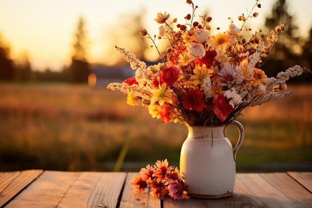 Bouquet di fiori autunnali su un tavolo di legno