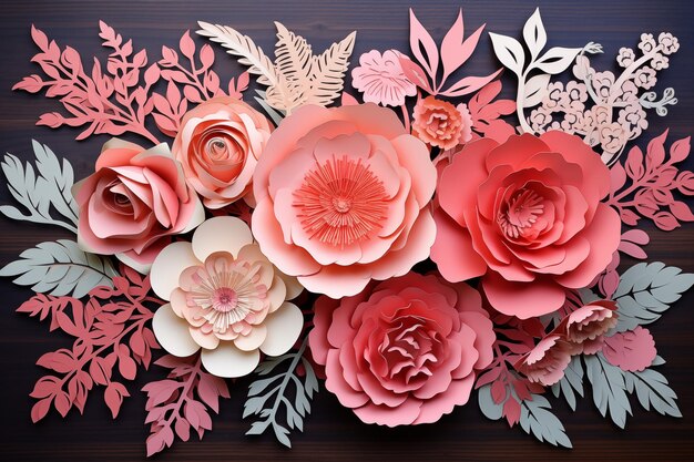 Bouquet di fiori bellissimi scatola d'ombra 3D a strati tagli di carta su sfondo grigio