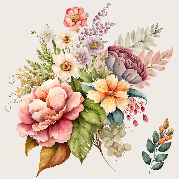 Bouquet di fiori colorati acquerello isolato su sfondo bianco Illustrazione botanica Modello di invito del biglietto di auguri