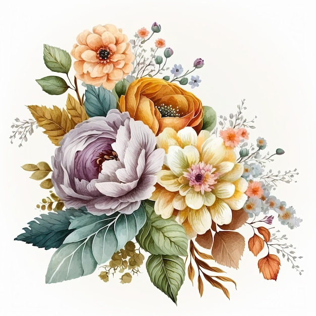 Bouquet di fiori colorati acquerello isolato su sfondo bianco Illustrazione botanica Modello di invito del biglietto di auguri