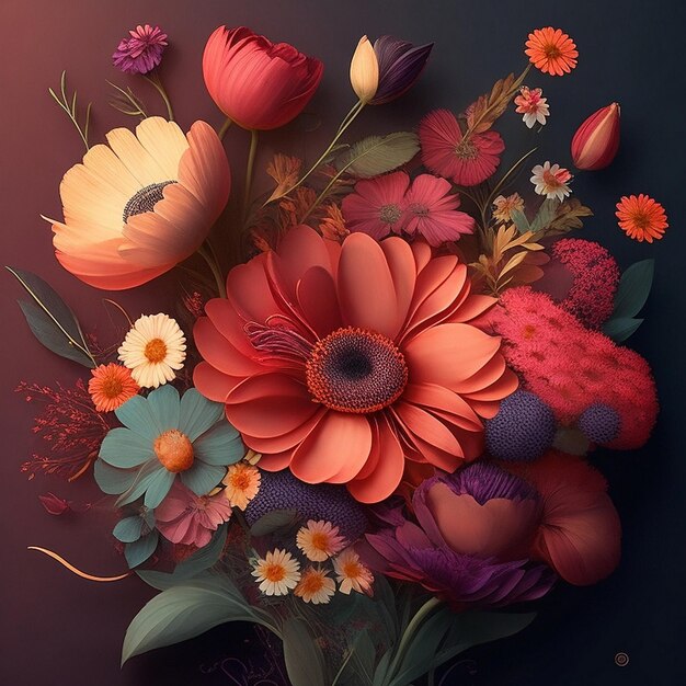 Bouquet di fiori colorati digitali vettore Set di fiori Arte floreale Fiori di arte floreale 3D