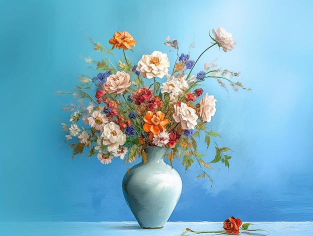 Bouquet di fiori colorati in un vaso classico su sfondo blu AI Generato