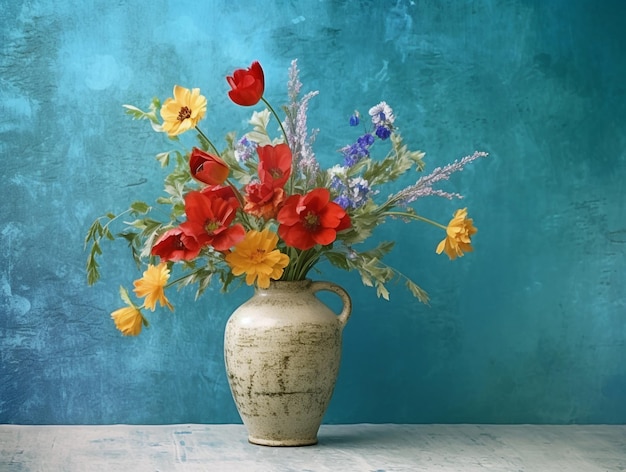 Bouquet di fiori colorati in un vaso classico su sfondo blu AI Generato