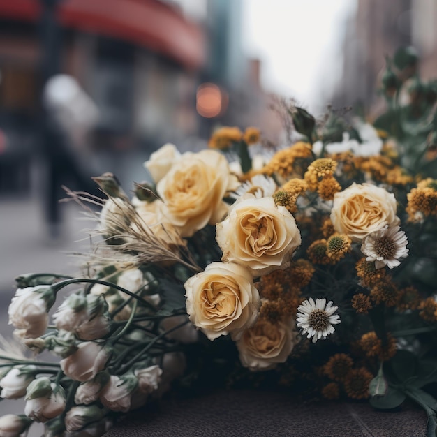 Bouquet di fiori con sfondo della città