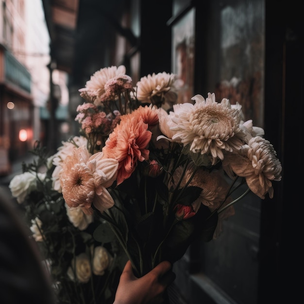 Bouquet di fiori con sfondo della città