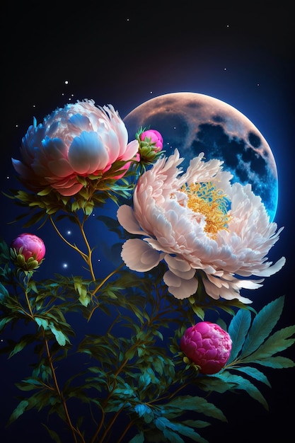 Bouquet di fiori con una luna piena sullo sfondo ai generativa