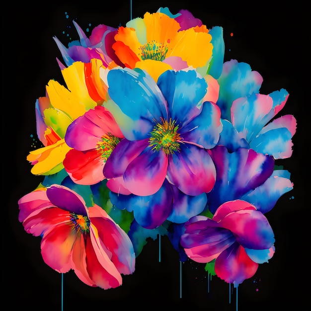 Bouquet di fiori da giardino colorati su sfondo nero Bouquet multicolore di fiori IA generativa