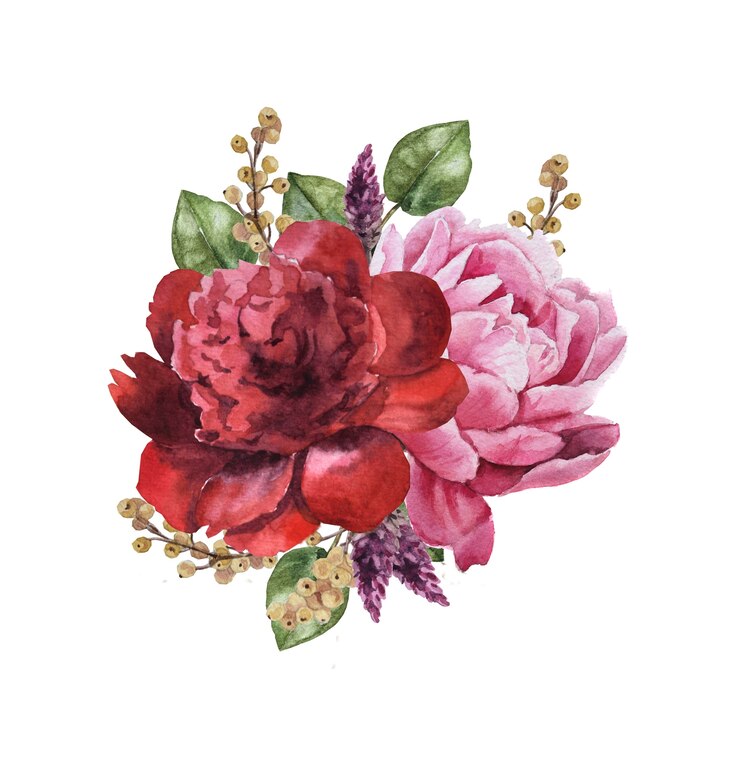 Bouquet di fiori dell'acquerello con foglie e peonia