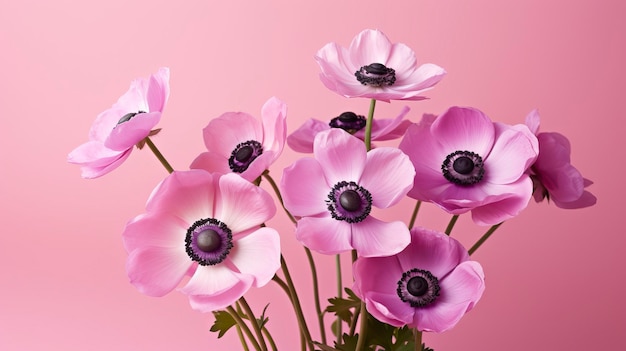 Bouquet di fiori di anemone rosa su uno sfondo rosa AI generativa