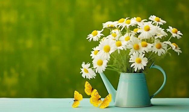 Bouquet di fiori di camomilla in annaffiatoio e farfalla sul tavolo in giardino IA generativa