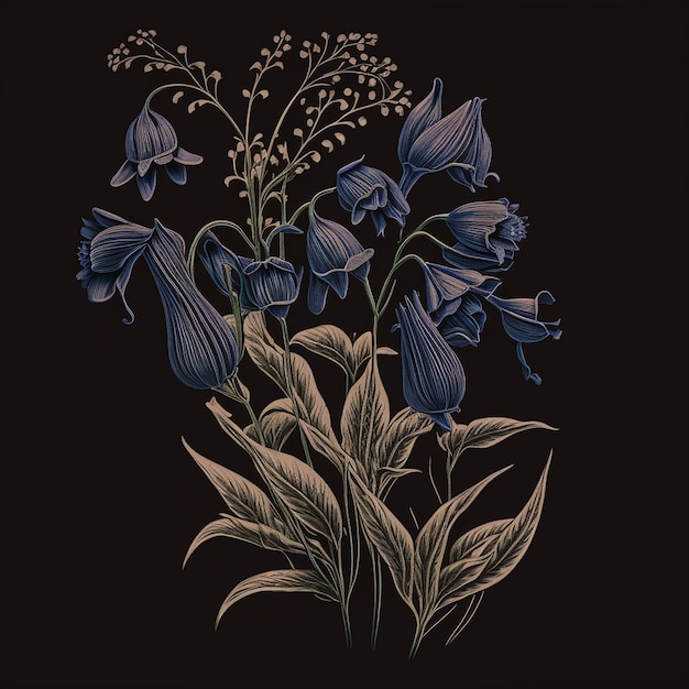 Bouquet di fiori di campanule su sfondo nero disegno vintage stile incisione Bel floreale
