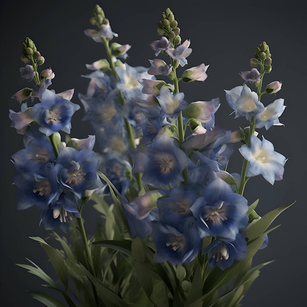 Bouquet di fiori di delphinium blu su sfondo scuro