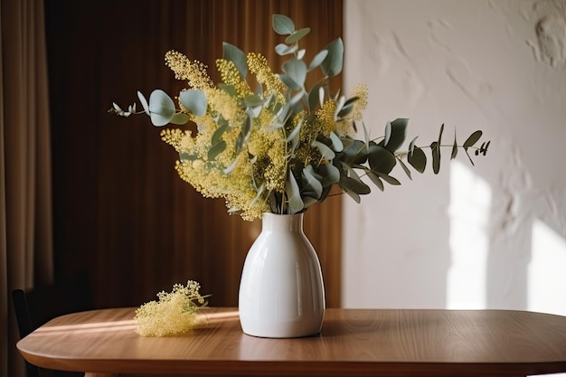 Bouquet di fiori di eucalipto in vaso su tavola di legno