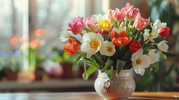 Bouquet di fiori di giardino freschi e colorati come i tulipani e i narcisi situati in un vaso di ceramica sul tavolo a casa nel giorno di primavera