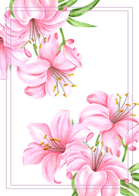 Bouquet di fiori di giglio rosa ad acquerello disegnato a mano isolato su sfondo bianco Poster etichetta banner cartolina post scrapbook