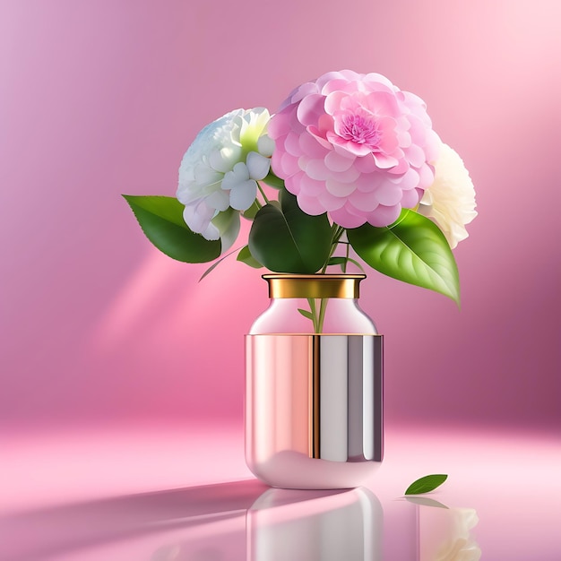Bouquet di fiori di ortensia sul podio del tavolino rosa pastello in vaso di vetro dal design moderno alla luce del sole su w