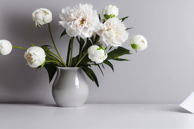 Bouquet di fiori di peone bianco come la neve in vaso grigio su sfondo grigio