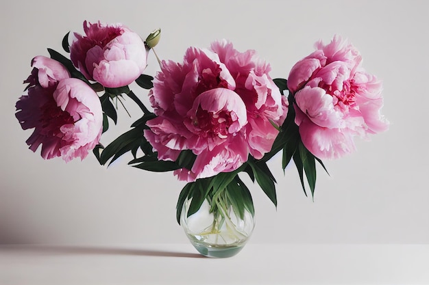 Bouquet di fiori di peone rosa in piccolo vaso trasparente su sfondo bianco