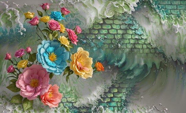 Bouquet di fiori dipinti digitalmente decorati con uno sfondo astratto di mattoni