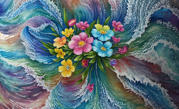 Bouquet di fiori dipinti digitalmente decorati con uno sfondo astratto di onde turbinio