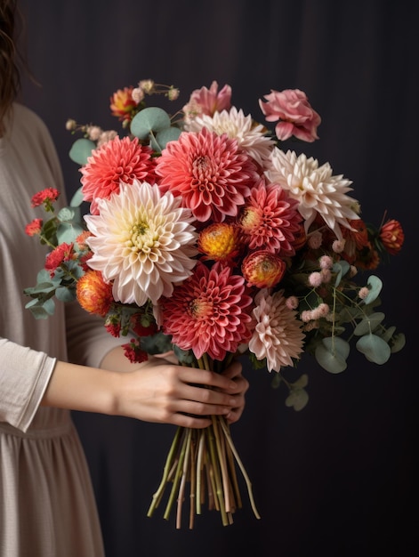 Bouquet di fiori diversi come dalie rose e crisantemi nei toni del rosa rosso e bianco generativo ai