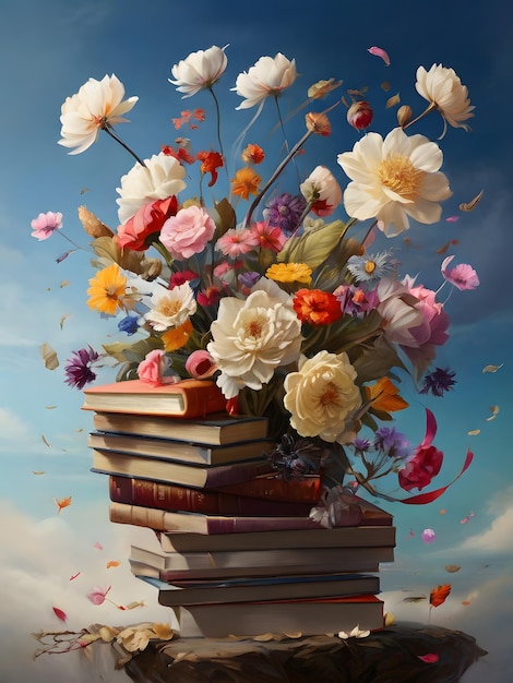 Bouquet di fiori e libri su uno sfondo di cielo blu AI Generato