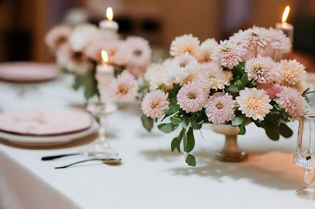 Bouquet di fiori estivi sul tavolo bianco con piatti e candele al matrimonio
