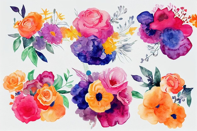 Bouquet di fiori imposta pezzi di acquerello di opere d'arte di design