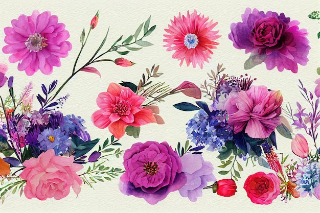 Bouquet di fiori imposta pezzi di acquerello di opere d'arte di design
