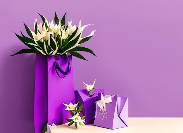bouquet di fiori in confezione regalo festiva con fiocco vicino al sacchetto di carta viola