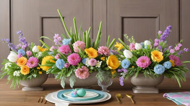 bouquet di fiori in un cesto natura morta con frutta e fiori bouquet di tulipani e uova di Pasqua