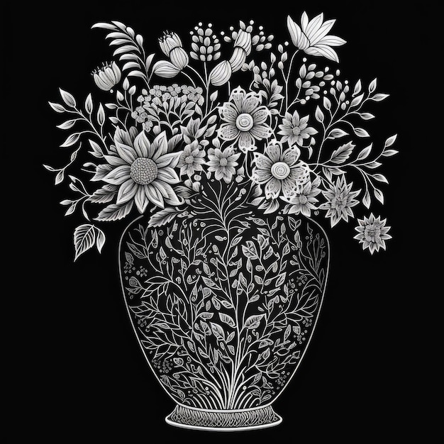 Bouquet di fiori in un vaso Fiori bianchi neri Disegno imitazione Illustrazione astratta dell'intelligenza artificiale generativa