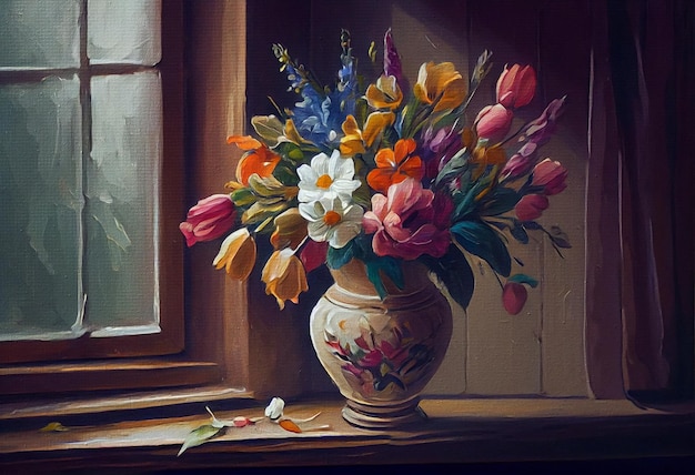 Bouquet di fiori in un vaso Natura morta pittura fiori di primavera vaso di fiori vicino alla finestra