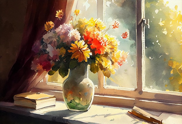 Bouquet di fiori in un vaso Natura morta pittura fiori di primavera vaso di fiori vicino alla finestra