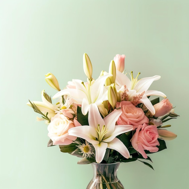 Bouquet di fiori in un vaso su uno sfondo verde