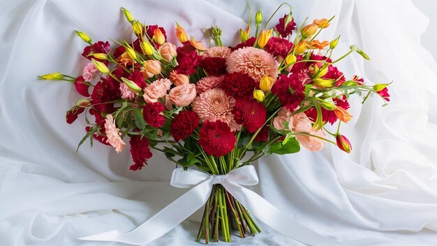 Bouquet di fiori legato con un nastro bianco su uno sfondo bianco